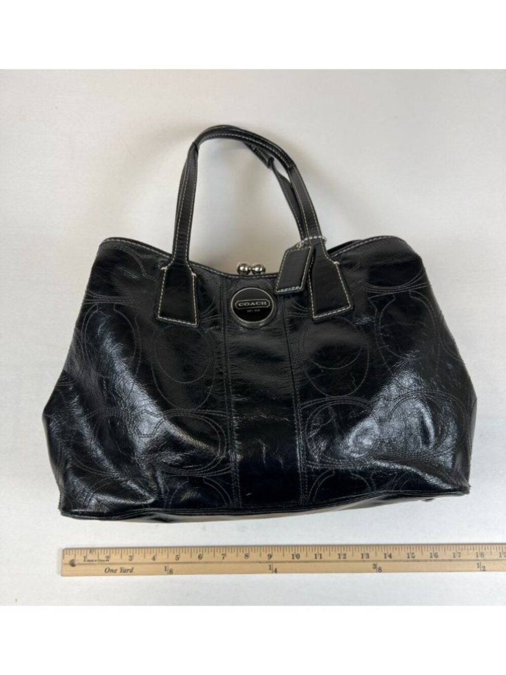 Coach Signature Stitch Frame Carryall Black Patent Leather Bag F15658 - Picture 15 of 16
